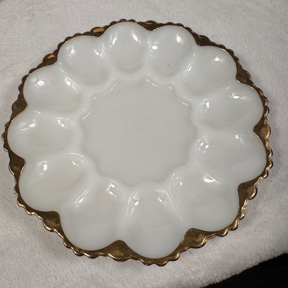 Vintage Milk Glass Deviled Egg Plate 10" Gold Trim 12 Egg Scalloped Platter